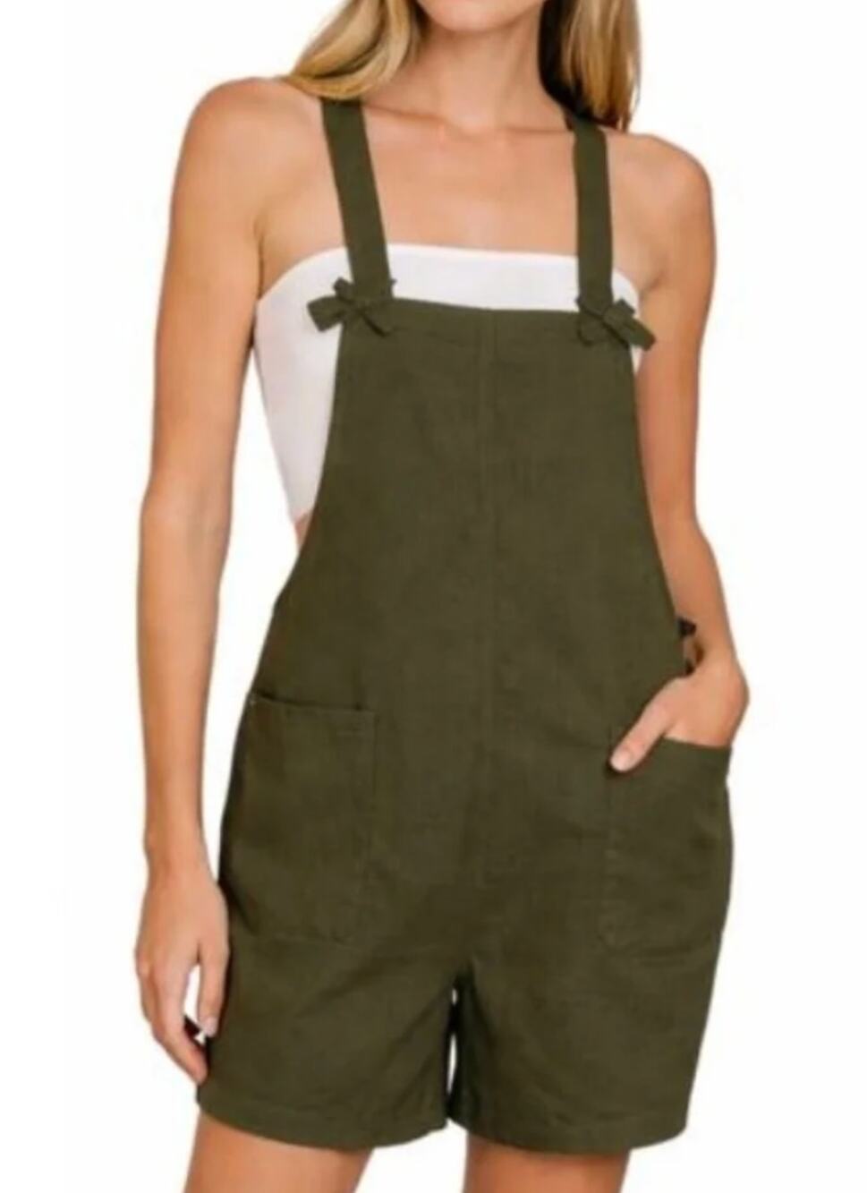 Zenana Army Green Shorts Knotted Overalls Romper Size Small